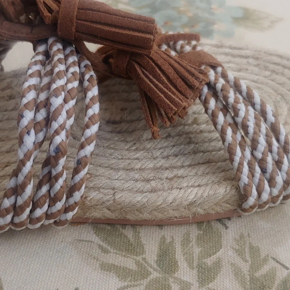 Anthropologie Brown Suede and Jute Rope Women's Sandals with Tassels size 8